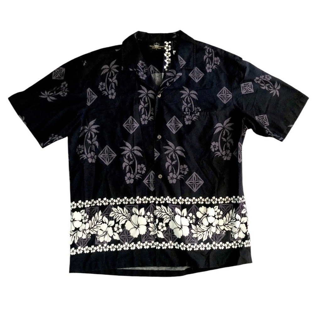 Royal Creations Men's Shirt Black Floral Tropical‎ Size Large Hawaiian Aloha